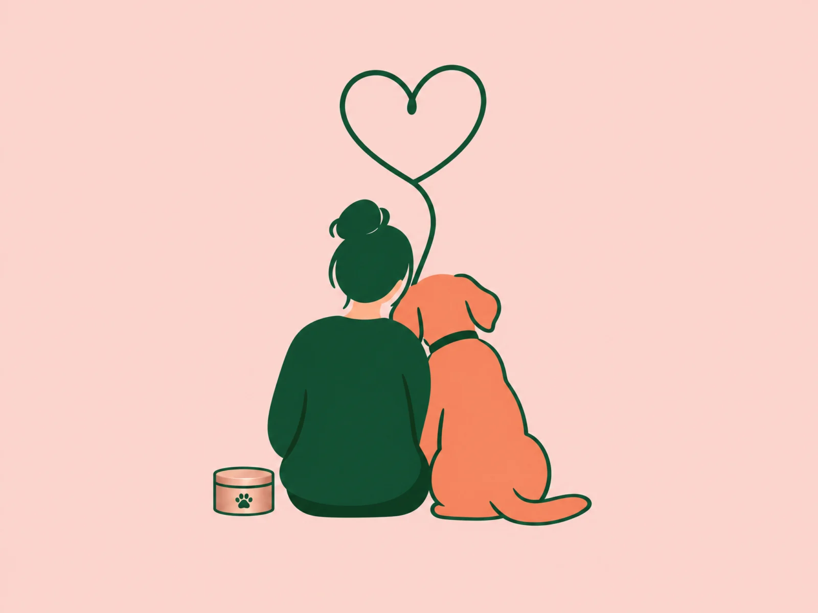 Ilustración de una persona y su perro sentados juntos con un corazón sobre ellos